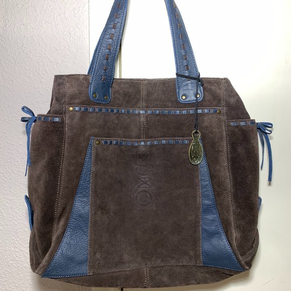 MUXO Brown Suede and Blue Leather Tote - Picture 1 of 15